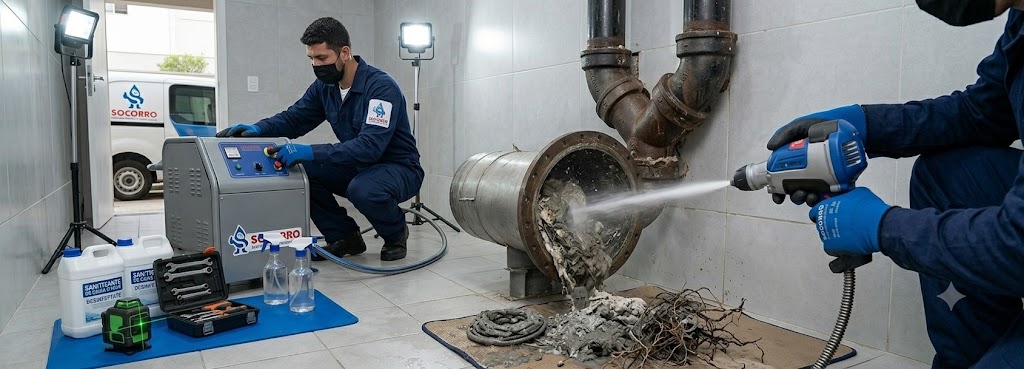 Equipamento de hidrojateamento em uso durante desobstrução de tubulação
