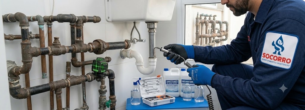 Profissional realizando manutenção preventiva em tubulação residencial