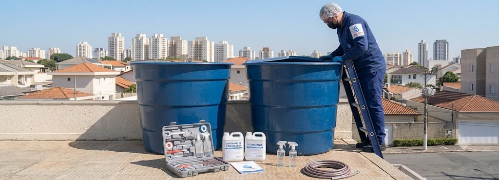 Profissional realizando Imunização e Desinfecção Bacteriológica de Caixas D'água em Itajaí